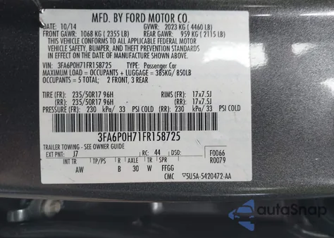 2015 Ford Fusion Se z USA, uszkodzony, nr VIN 3FA6P0H71FR158725